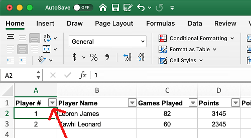 Dropdown Icon in Excel Columns