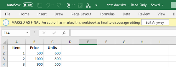 Excel Marked as Final
