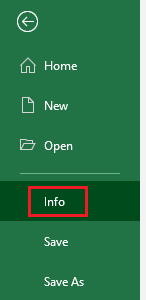 Info Tab in Excel on Windows