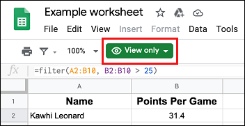 View Only Option in Google Sheets