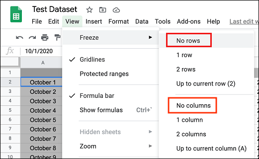 Unfreeze Rows and Columns in Google Sheets