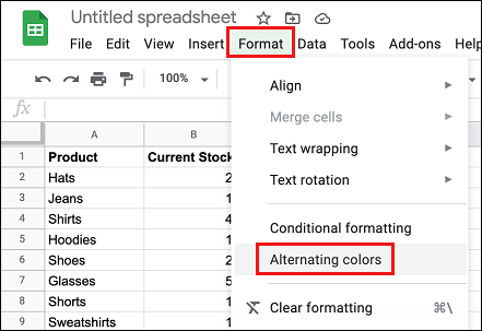 Alternate Colors in Google Sheets Option