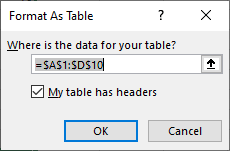 Format As Table Popup in Excel