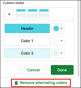 Remove Alternating Colors Option in Google Sheets
