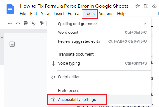 Accessibility Settings Option in Google Docs