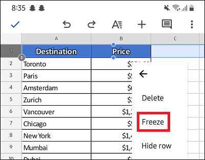 Freeze Header Row in Google Sheets App