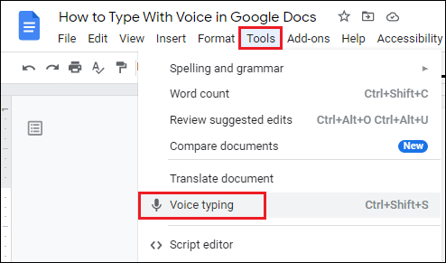 Voice Typing Option in Google Docs