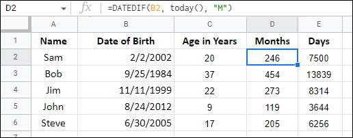 Calculate Age in Months or Days in Google Sheets