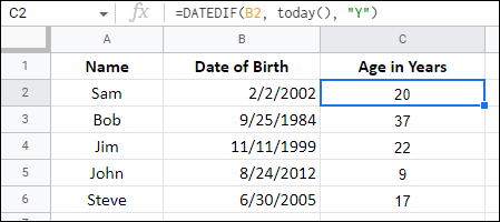 Calculate Age in Years in Google Sheets